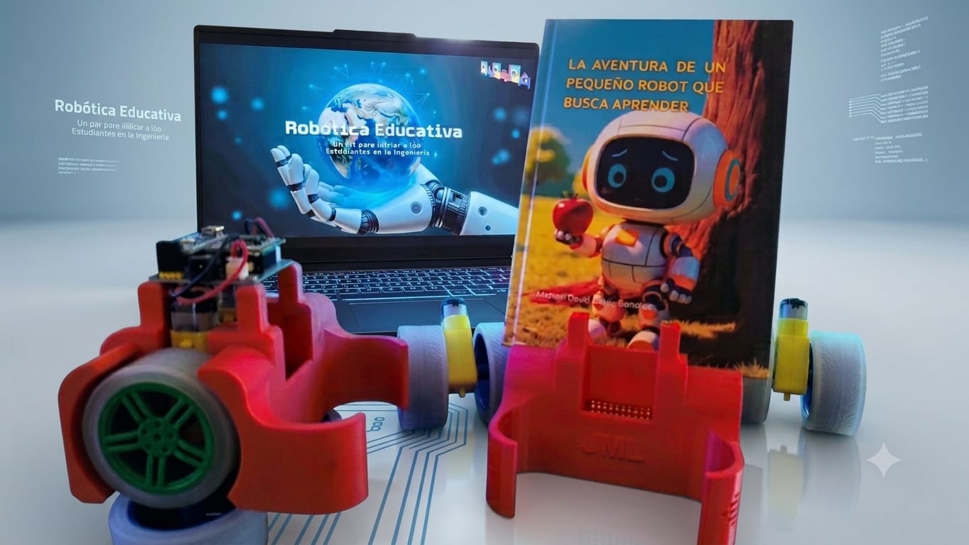 Kit de robótica Yati-Edu junto a una computadora y material educativo